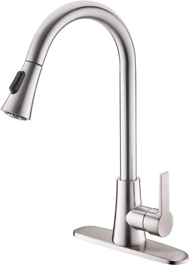 Lead-free Modern Commercial Brushed Nickel Stainless Steel Single Handle Pull Down Sprayer Spring Kitchen Sink Faucet, Pull Out Kitchen Faucets With Deck Plate