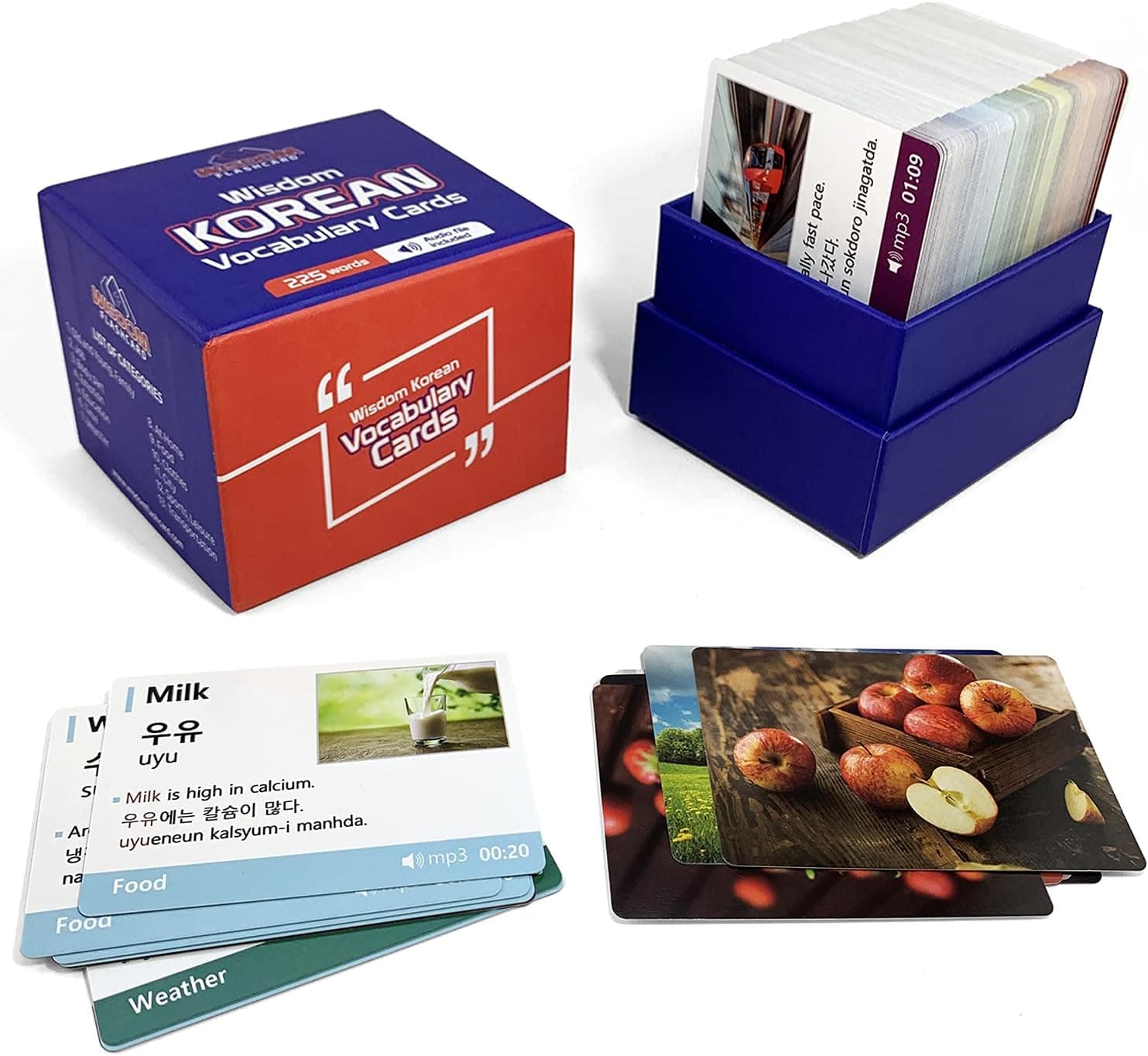 Wisdom Flashcard Learn Korean Vocabulary Flashcards – 225 Korean Alphabet Flashcards Set with Example Sentences, English Pronunciation, Audio File – Premium Water-Resistant Matte Paper