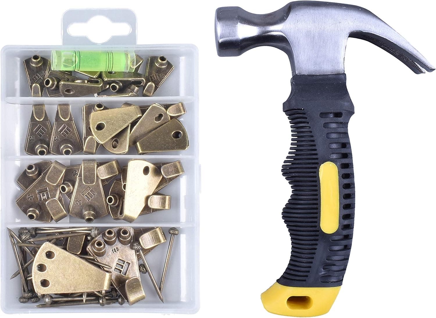 Non Slip 8 oz Claw Hammer & Pictures Set. Common Brad, Finish, Wire. Picture Hanging Nail Assortment Wood, Plaster, Drywall. Anti-Slip Hammers & Wall Nails for Dad Kids Household DIY Maintenance Tools