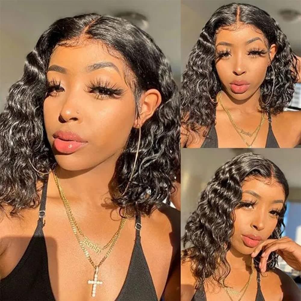 UNICE Short Deep Wave 13x5 T Part Lace Front Bob Wigs Middle Part Human Hair for Women Brazilian Virgin Hair Short Deep Curly Lace Frontal Bob Wig Pre Plucked with Baby Hair 150% Density 12Inch
