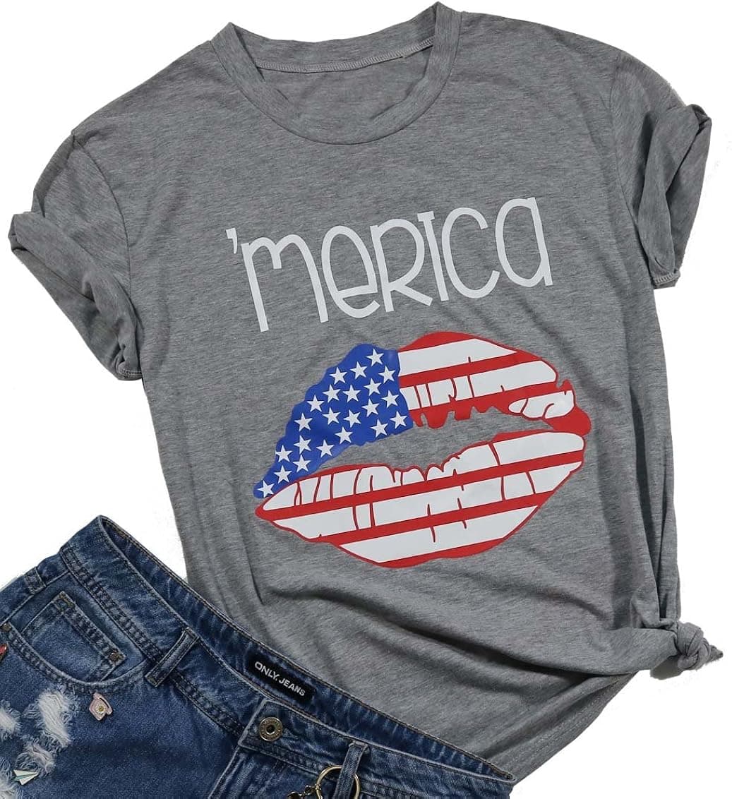 Women's USA American Flag Lips T-Shirt Summer Cute Graphic Shirt Top Size M (Gray)