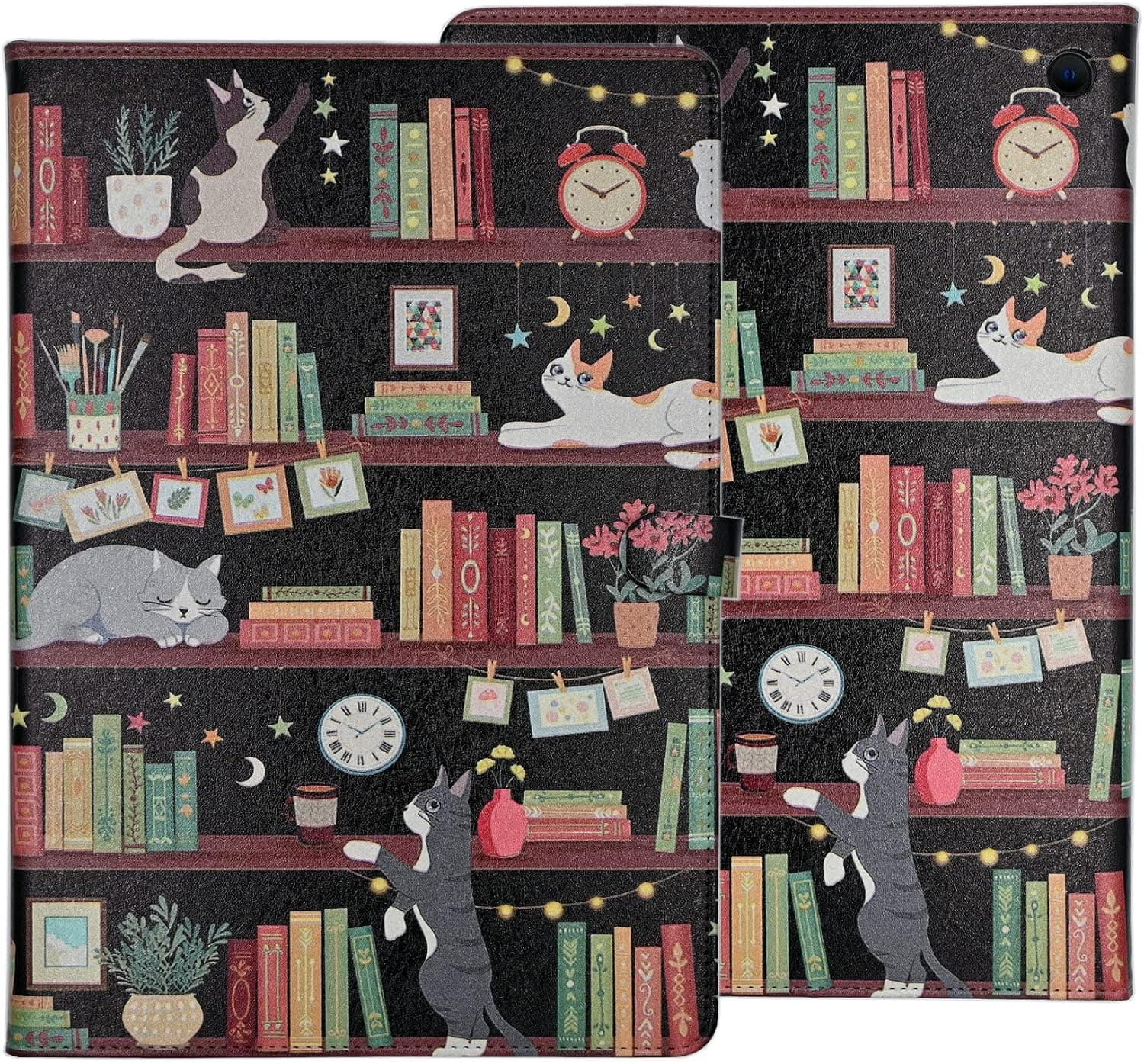 YOYOYX Case for All-New Kindle Fire HD 10 & 10 Plus Tablet (11th Generation, 2021 Release), Slim Protective Case PU Leather Folding Stand Multiple Viewing Angles TPU Cover, Bookshelf Cat