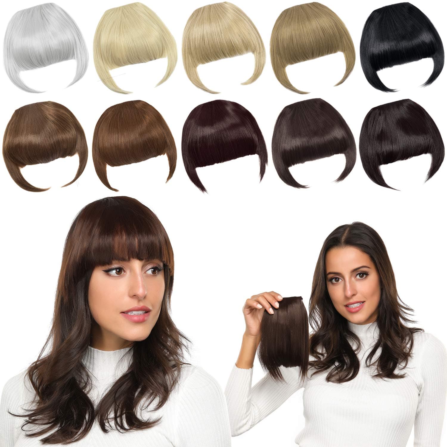 ROSEBUD Bangs Hair Clip in Bangs Hair Extensions Synthetic Flat Bang with Temples Front Face Fringe Bangs Hair Pieces for Women