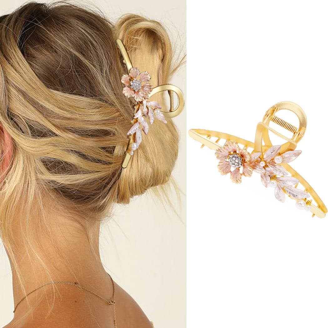 Brinie Hair Claw Clips Gold Metal Hair Clips Claw Flower Hair Claw Clamps Leaf Fancy Hair Clips with Handmade Hair Accessories for Women and Girls