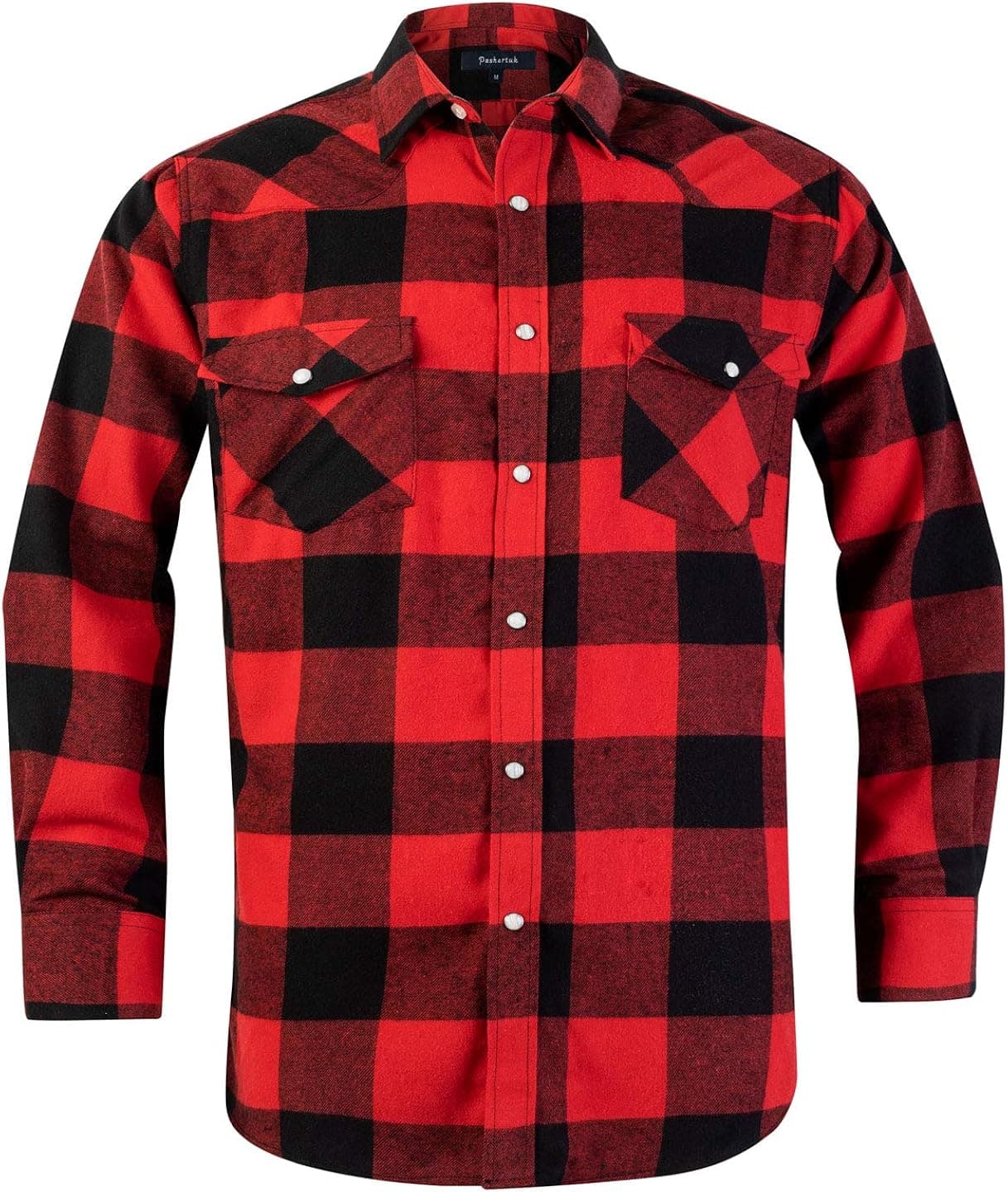 Snap Buttons Flannel Shirts for Men Regular Fit Mens Long Sleeve Shirt,Red Black MFL008,Large