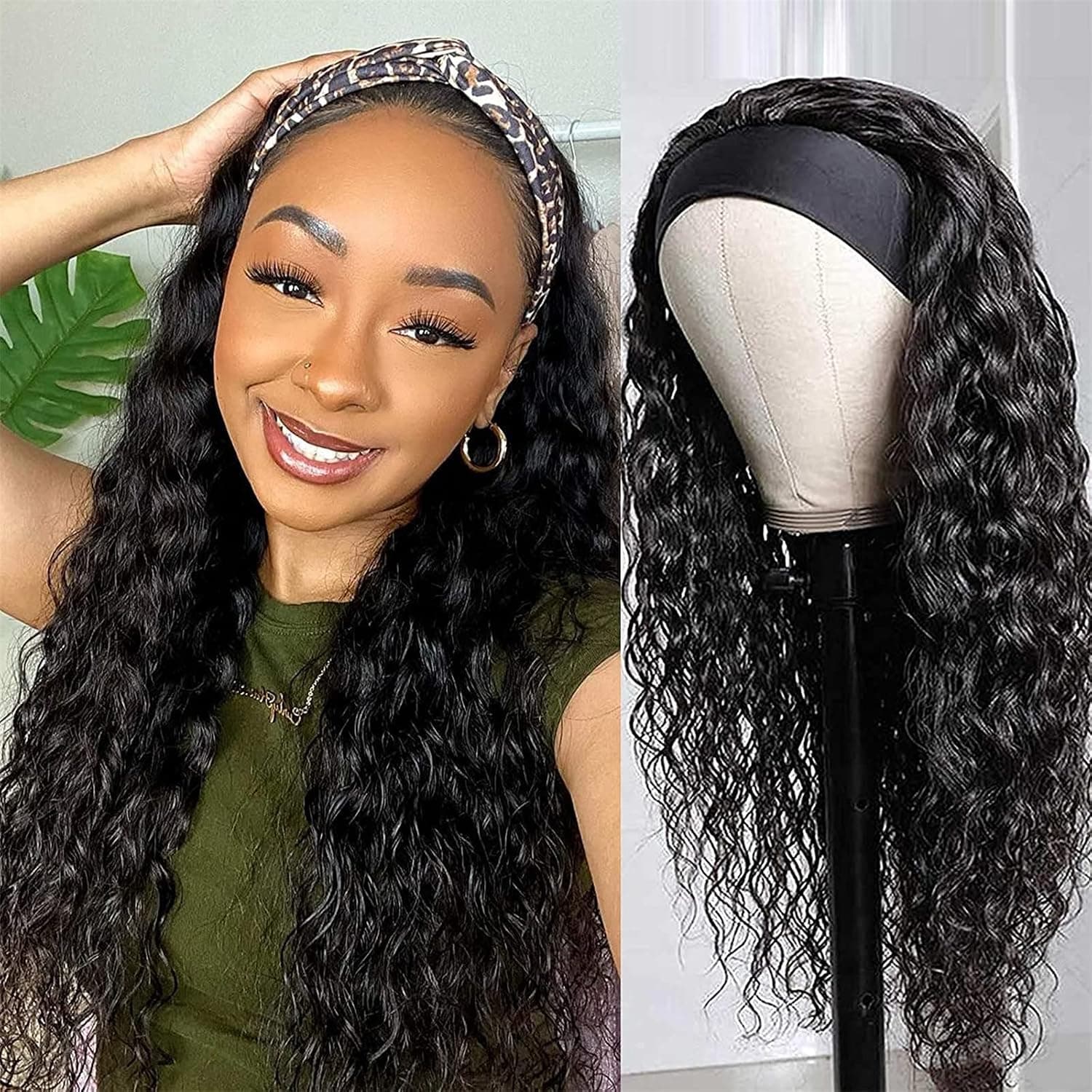 ALLRUN Curly Headband Wigs for Black Women Brizilian Virgin Hair Headband Wigs Machine Made Non Lace Front Curly Human Hair Wigs Glueless Headband Wig Kinky Curly 20 inch