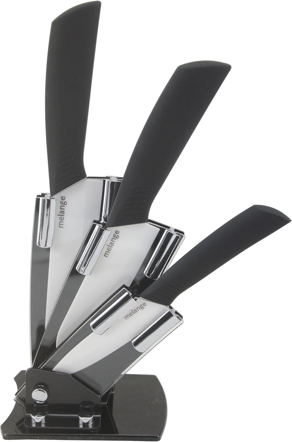 Melange 4-Piece Ceramic Knife Set with Black Handle and White Blade, Includes 6-Inch Chef's Knife, 5-Inch Santoku Knife, 4-Inch Utility Knife and Acrylic Holder