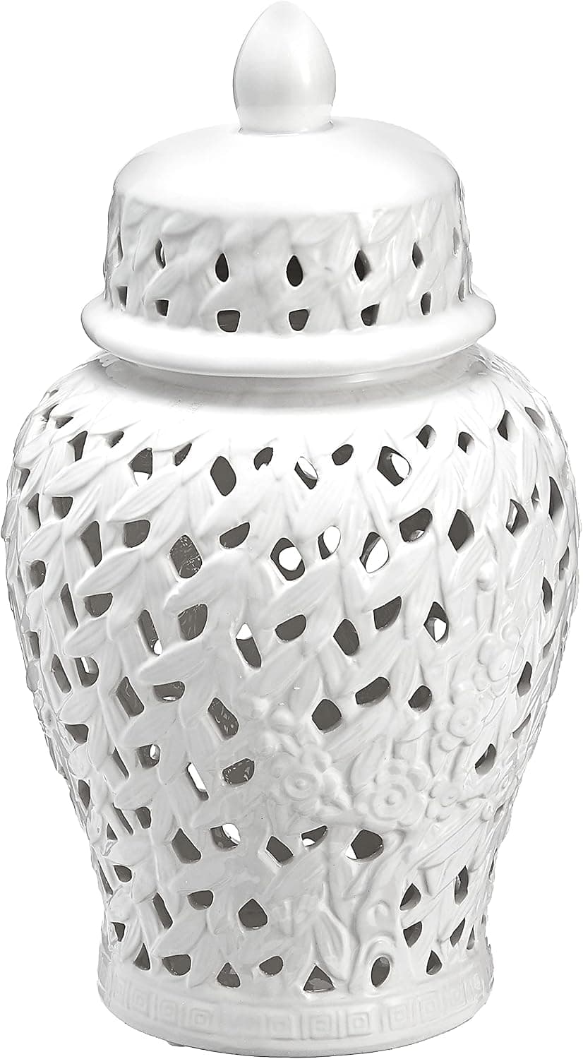 Sagebrook Home, White Pierced Ceramic Temple JAR, 10.5x10.5x18.5