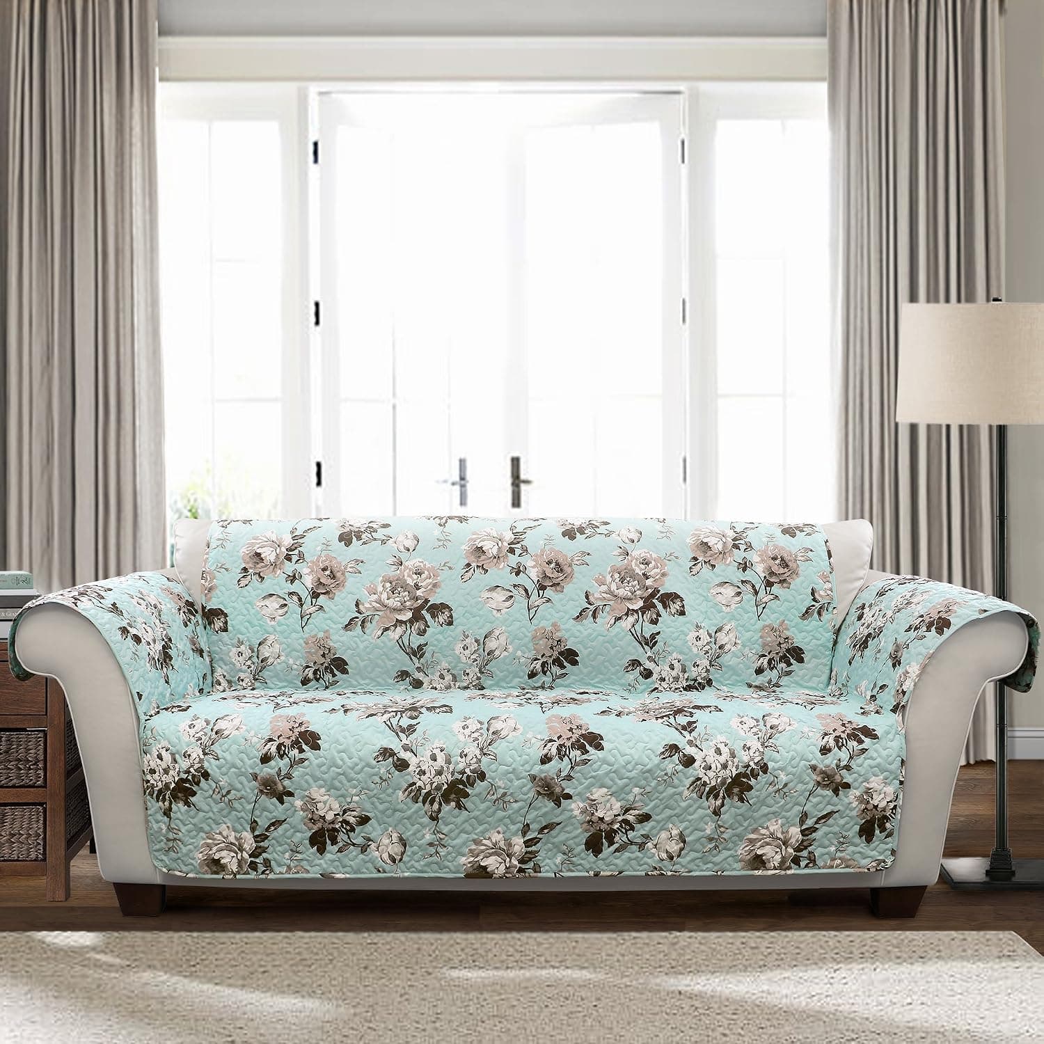 Lush Decor 16T002510 Blue and Gray Tania Furniture Protector-Floral Garden Flower Pattern Sofa Cover