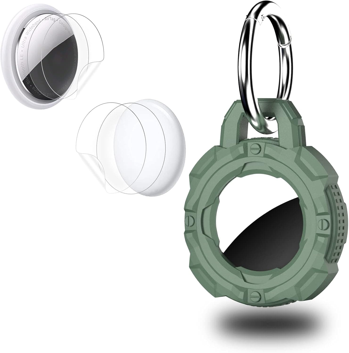leQuiven Silicone Airtag Case for Apple AirTags Tracker, Protective Airtag Holder with Key Ring, with 2 Sets Screen Protector Film, Shockproof Keychain Loop Air Tag Accessories for Bags Dog (Green)