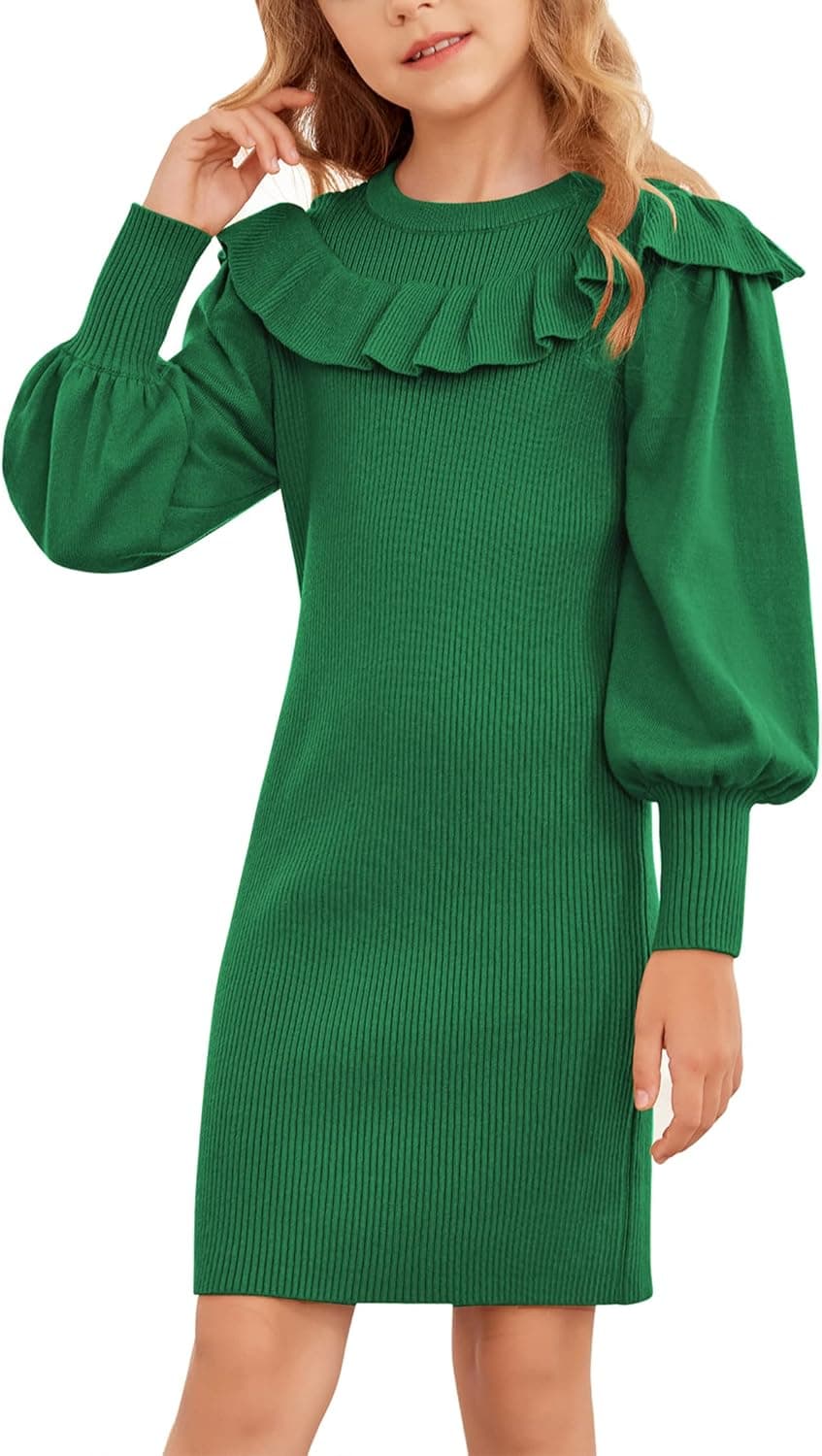 Hopeac Girls Sweater Dress Crew Neck Knit Puff Long Sleeves Ruffles Fall Winter Jumper Pullover Dresses for 5-16 Years