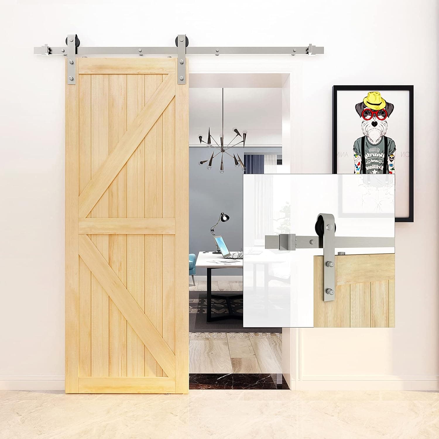 JUBEST Satin Nickel Sliding Barn Door Hardware Kit Single Door Flat Track Kit J Shape Roller 5.5FT
