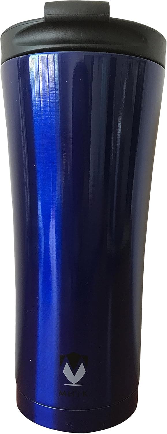 Stylish modern tumbler double wall stainless steel vacuum travel mug – 15 ounces sweat-free coffee travel mug with non-spill lid (Blue)