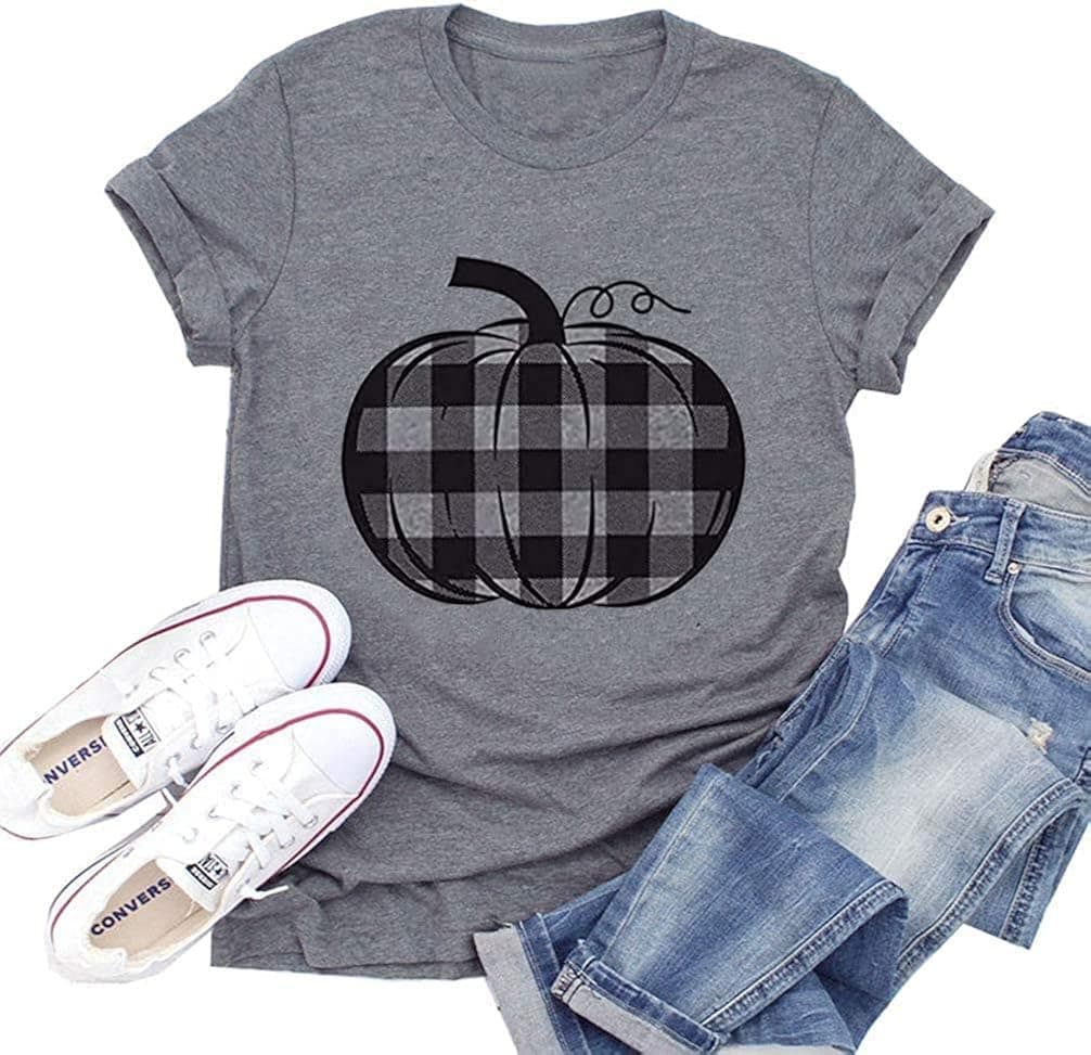 Halloween Pumpkin Shirt Women Plaid Leopard Graphic Tees Funny Cute Short Sleeve Fall Shirt Thanksgiving Gift Tops