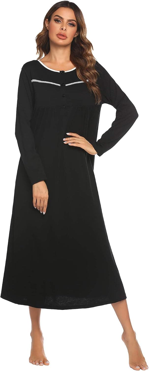 Ekouaer Nightgown Long Women's Long Sleeve Sleepwear Full Length Nightshirt Soft Cotton Sleep Gowns