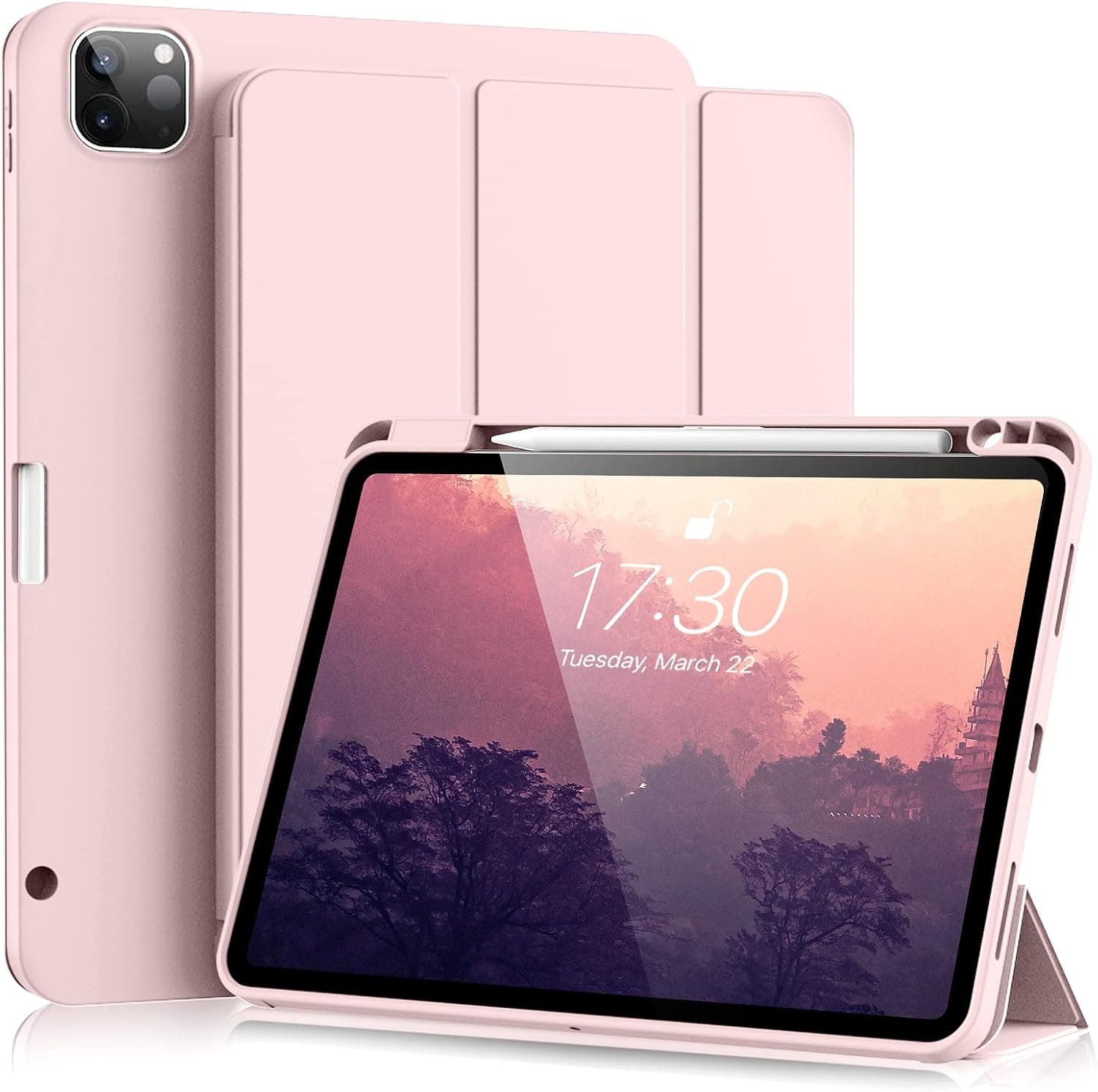 Aoub New iPad Pro 11 Inch Case 2022(4th Gen)/2021(3rd Gen)/2020(2nd Gen) with Pencil Holder [Support 2nd Gen Pencil Charging] Trifold Stand Case with Soft TPU Back Cover, Auto Sleep/Wake, Pink