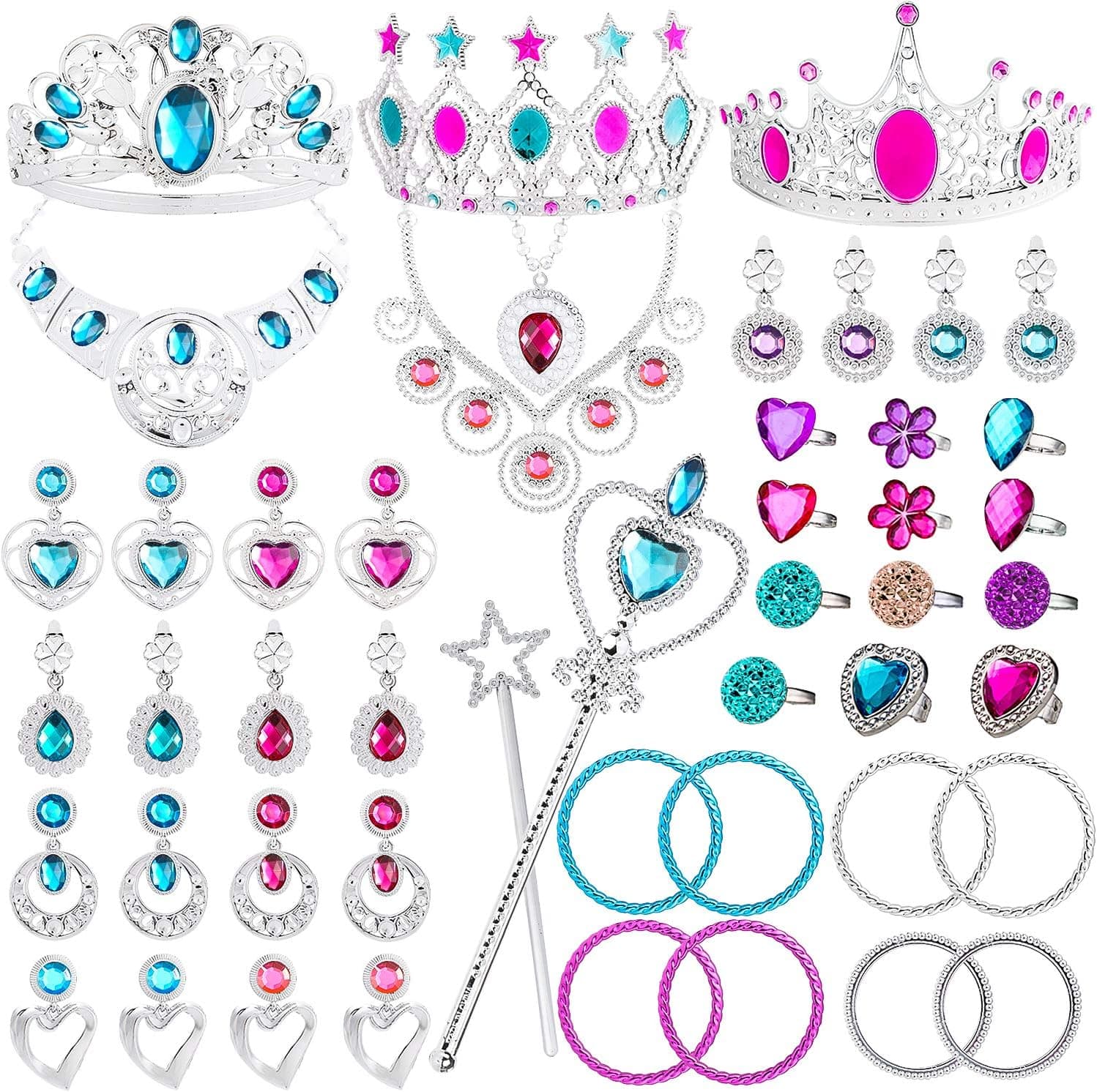 WATINC 48Pack Princess Pretend Jewelry Toy,Girl’s Jewelry Dress Up Play Set,Included Crowns, Necklaces,Wands, Rings,Earrings and Bracelets,48 Pack