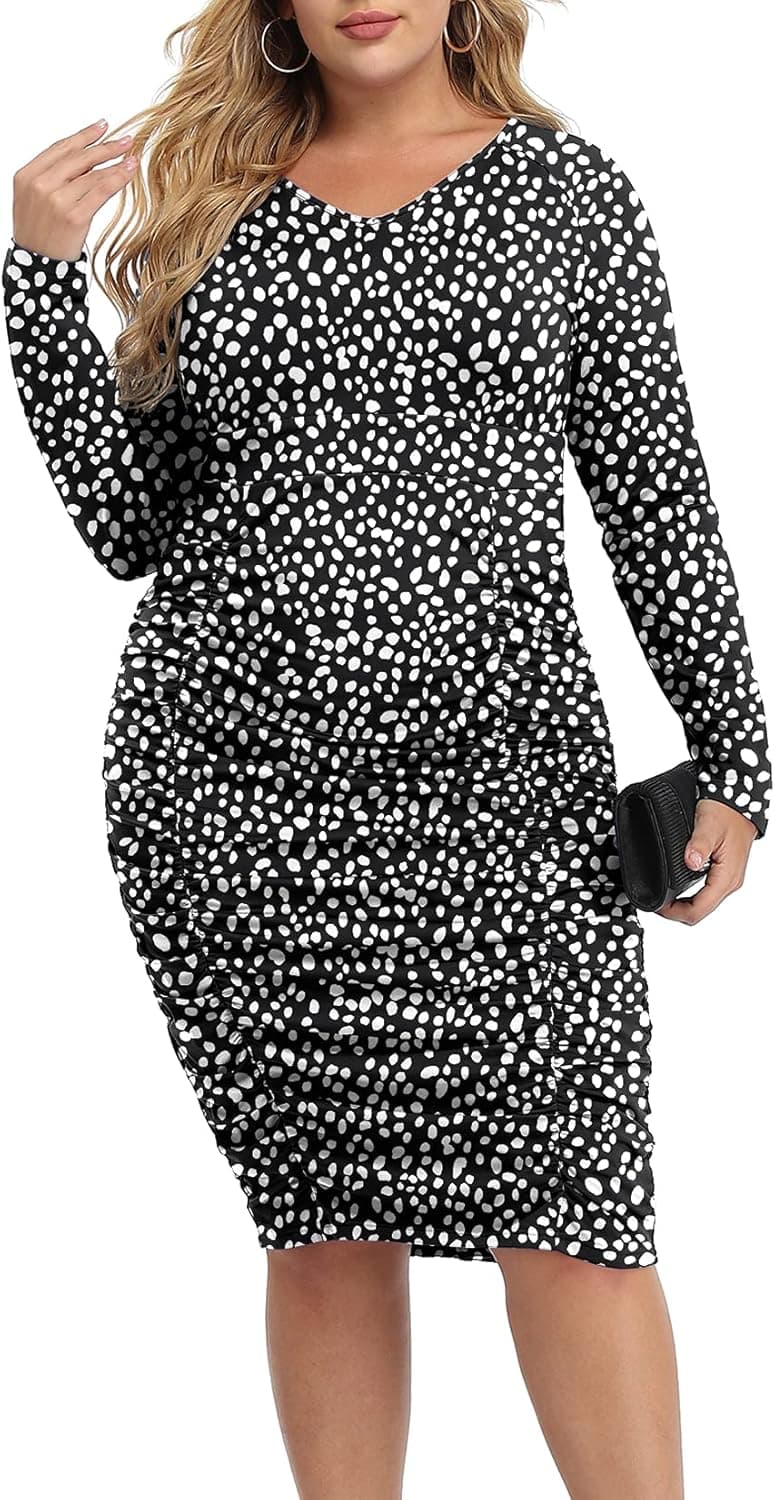 BEIGAI Women's Plus Size Dresses Long Sleeves Ruched Bodycon Dresses V Neck Pleated Cocktail Elegant Dress Knee Length