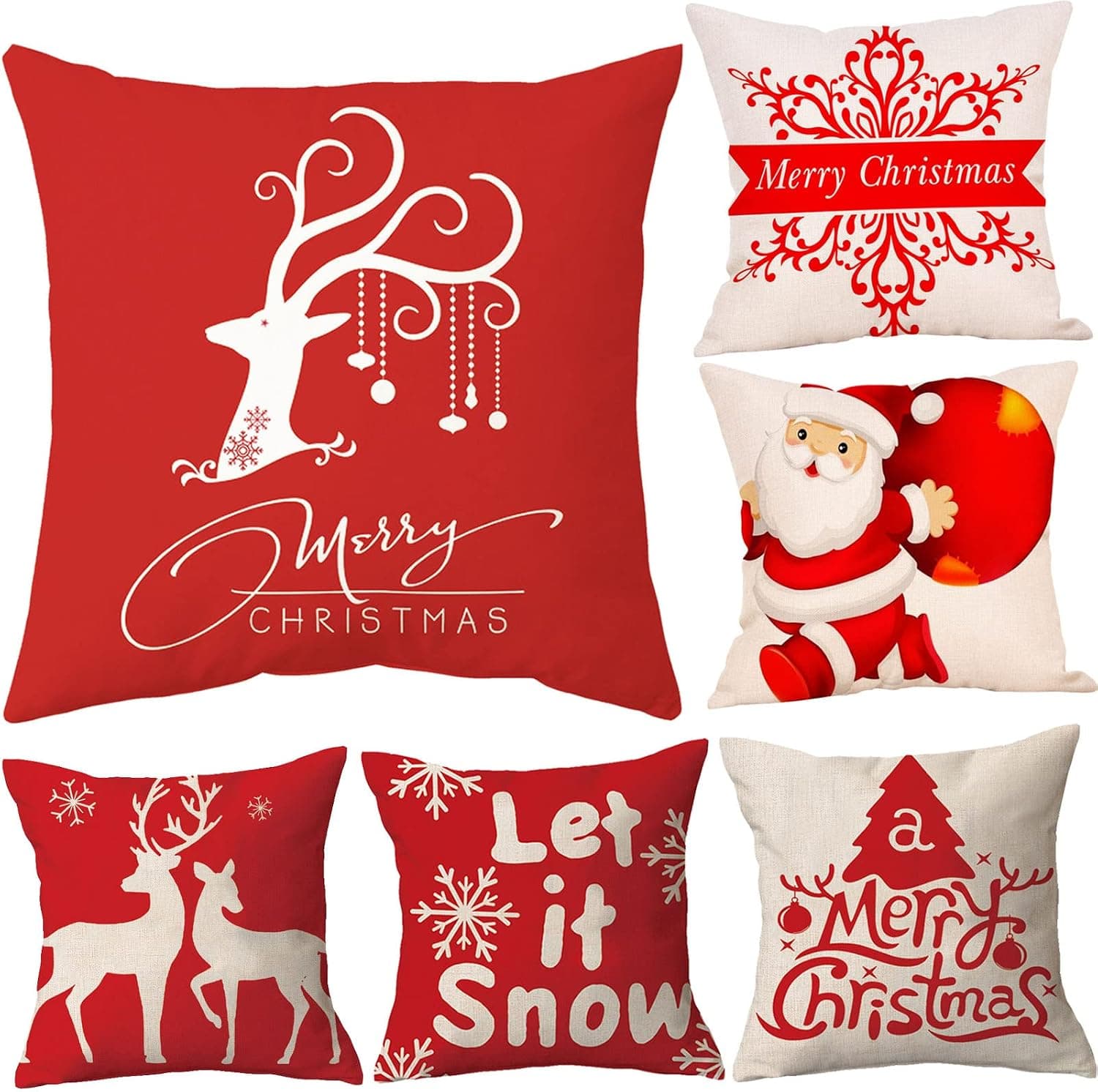 WUWEOT 6 Pack Christmas Pillow Covers, 18 x 18 Inch Farmhouse Zippered Throw Pillow Cover, Xmas Series Snowflake Elk Rustic Linen Cushion Pillow Case for Sofa Couch Christmas Decorations