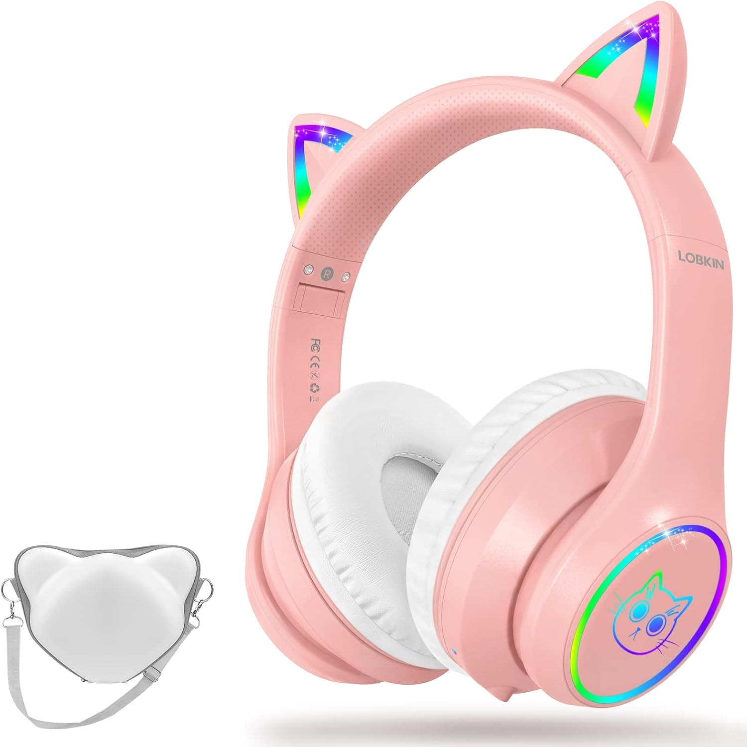 LOBKIN Bluetooth 5.3 Kids Headphones with Case - RGB LED Light Up Cat Ears Foldable Adjustable On-Ear Headset Support Wireless or 3.5mm Wired Mode for Toddler & Girls & Boys Teens (Pink)