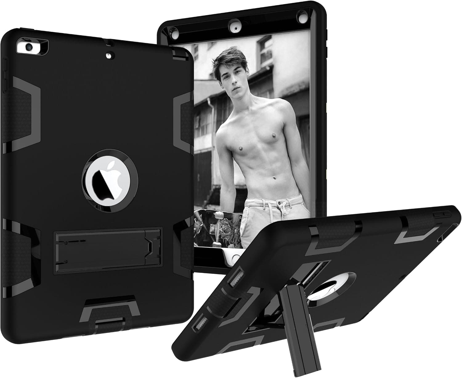 CSLU iPad 9.7 2018/2017 Case, [Three Layer] Kickstand Heavy Duty Shockproof Rugged Hybrid Impact Resistant Armor Defender Full-Body Protective Cover for Apple iPad 9.7 inch 2018 and 2017, Black