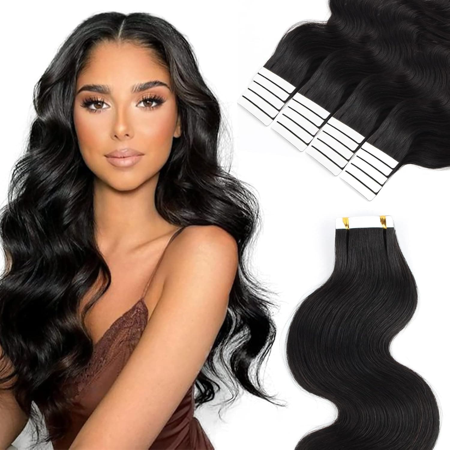 Lovrio Body Wave Tape in Hair Extensions Human Hair Black Women Reusable Invisible Double Side Tape in Extensions 50gram 20pcs CurlyTape in Hair Extensions Real Human Hair 16 Inch
