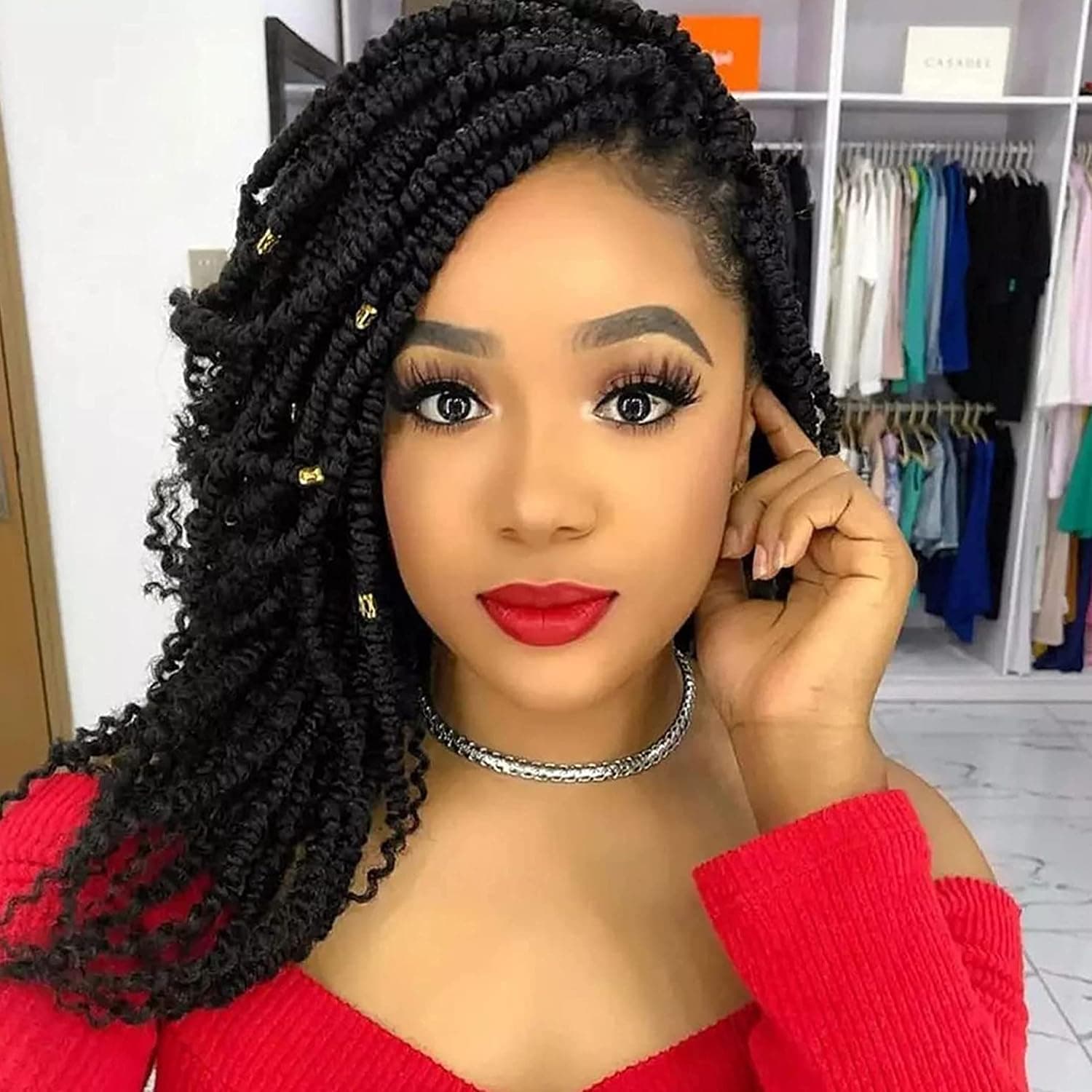 Spring Twist Hair 12 Inch 7 Packs Spring Twist Crochet Hair for Women Bomb Twist Hair Synthetic Fiber Fluffy Twist Crochet Braids Synthetic Hair Extensions, 1B#