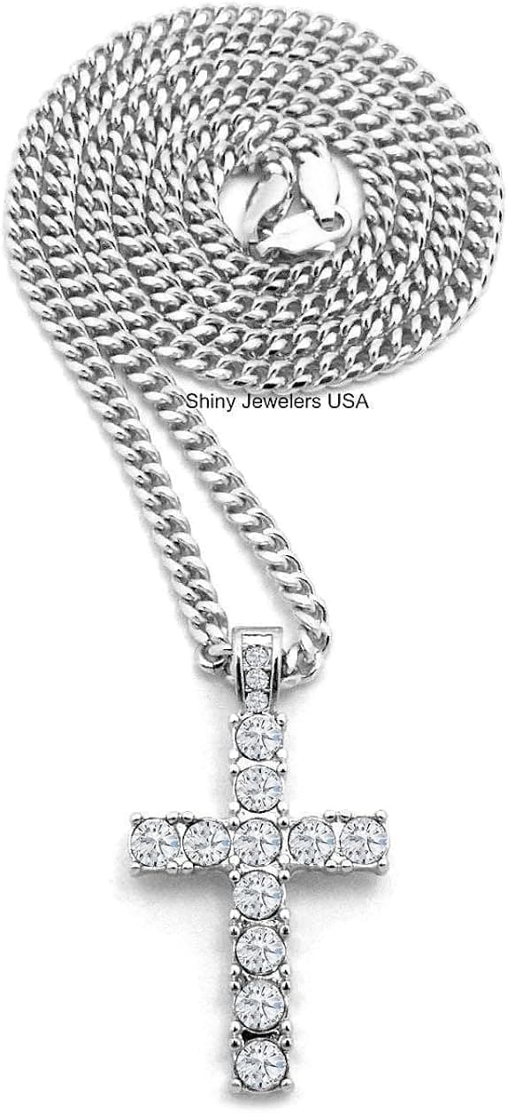 Shiny Jewelers USA Mens ICED Out Egyptian Silver Micro Cross Hip HOP Pendant Cuban Chain Necklace