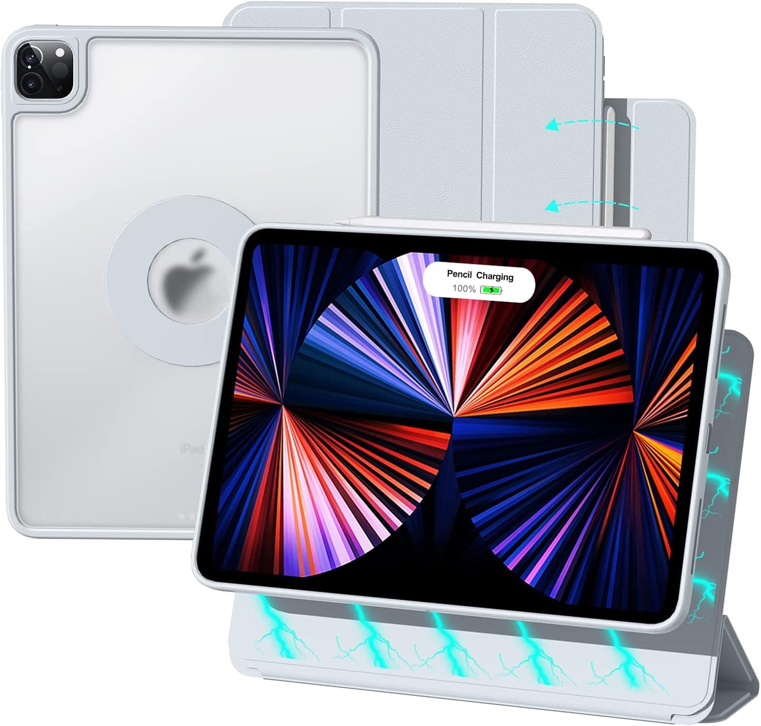 Case for iPad Pro 11 2022/2021/2020/2018 Gen 1st/2nd/3rd/4th,360 Rotatable with Powerful Magnet,2 in 1 Detachable Frosted Clear Case and Semi-Silicone Protective Cover Support Pen Charger(Gray)