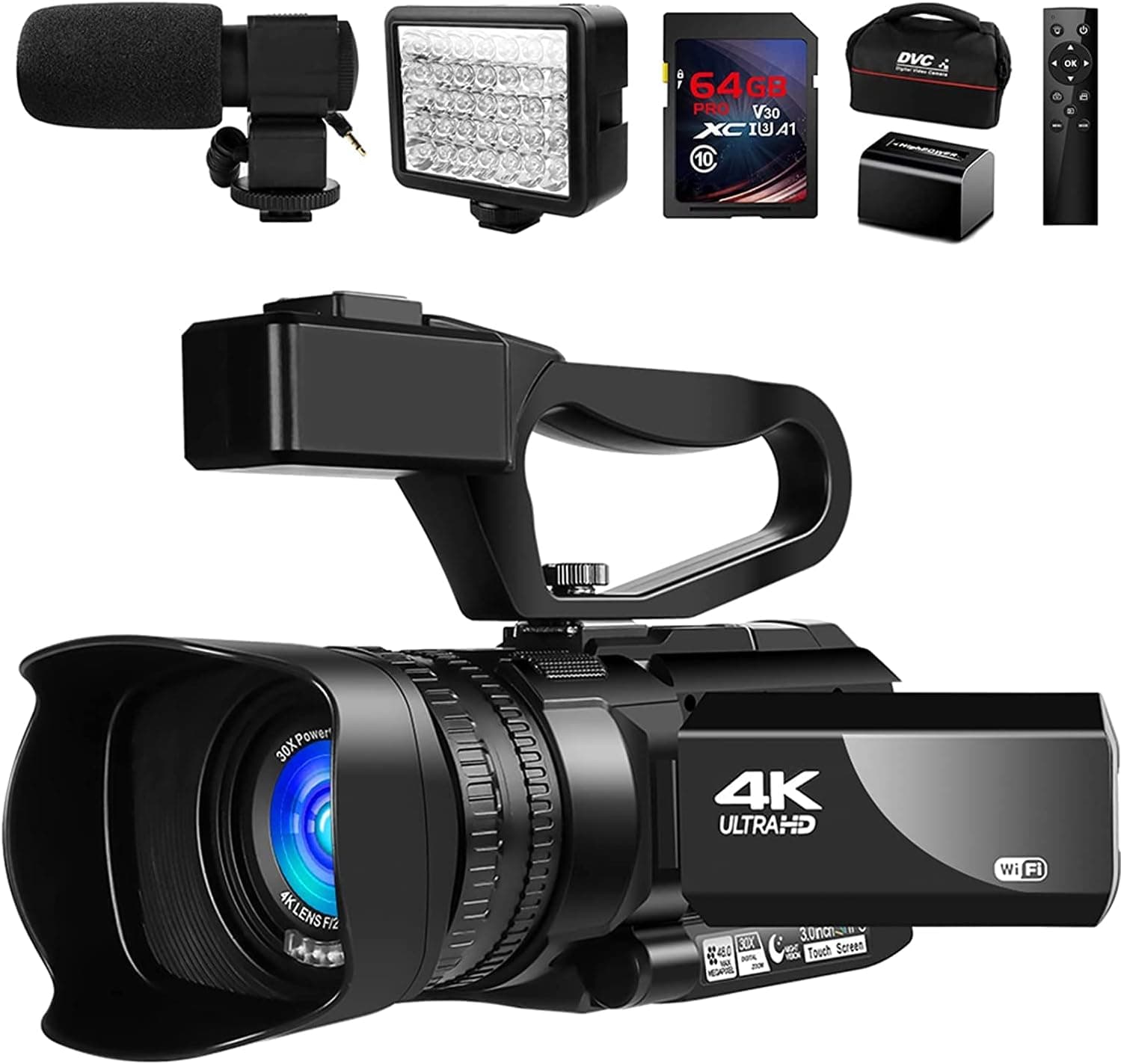 KUCIYA Video Camera 4K Camcorder Vlogging for YouTube IR Night Vision 48MP 30FPS 3.0'' Touch Screen 30X Digital Zoom Recorder with Microphone Handhold Stabilizer 2.4G Remote Control, black 5