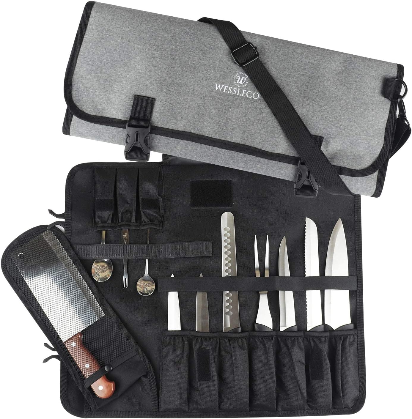 Wessleco Chef Knife Bag(8+ Slots) Roll Up Knife Bag Pouch for Kitchen Utility Tool and Travel Storage (Grey, Pouch Only)