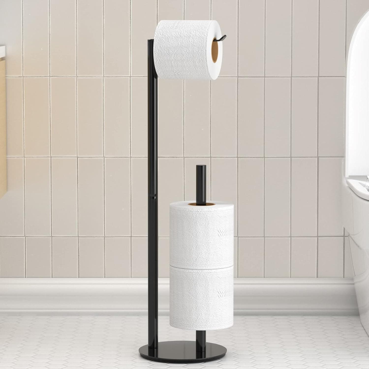 Free-Standing Toilet Paper Holder with Shelf, Matte Black Toilet Paper Holder Stand with Reserve, Stainless Steel Toilet Roll Holder with Waterproof Storage Shelf Holds 3 Rolls