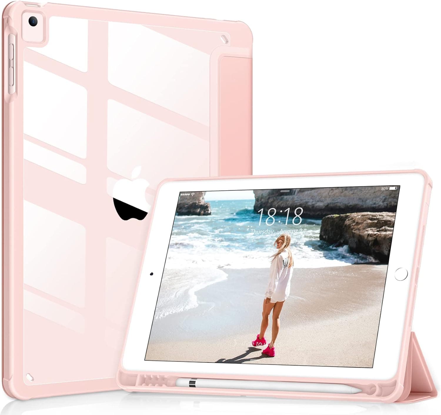 DTTOCASE iPad 6th / 5th Generation 9.7 inch Case (2018/2017), iPad Air 2 & 1 9.7 Inch (2014/2013) Case with Clear Transparent Shockproof Back Cover [Built-in Pencil Holder, Auto Sleep/Wake]-Rose Gold