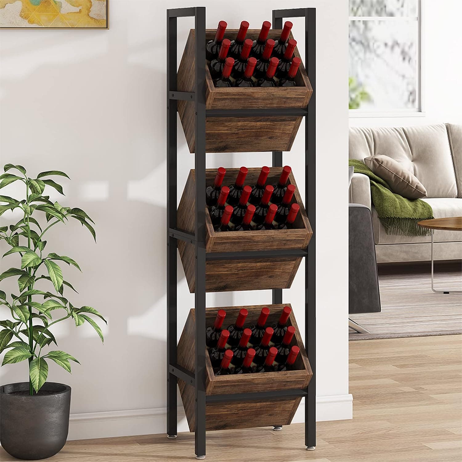 Tribesigns Wine Rack Freestanding Floor, 3 Tier Wooden Wine Storage Stand, Wobble-Free Wine Holder Display Shelf Liquor Bottle Organizer for Kitchen, Cellar