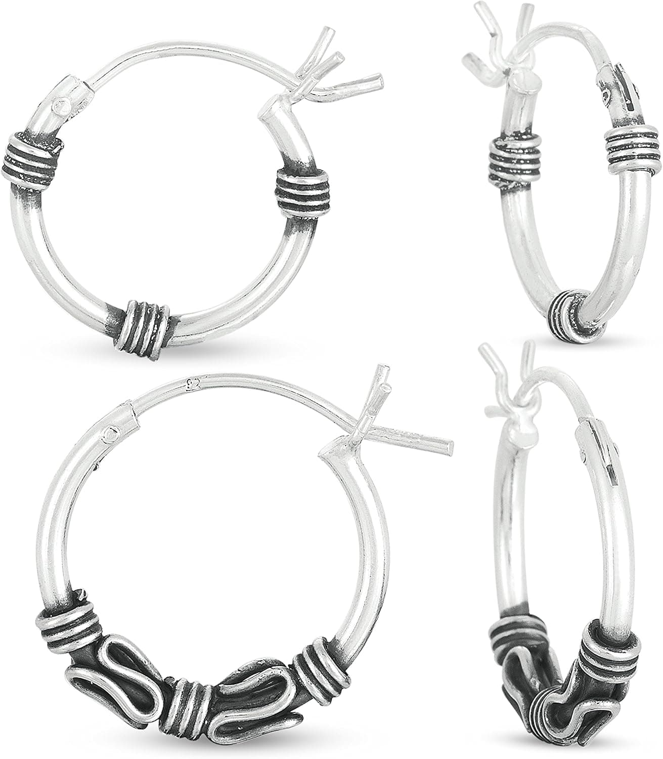 Sterling Silver 14mm Bali and 16mm Bali Double Hoop Earrings Set