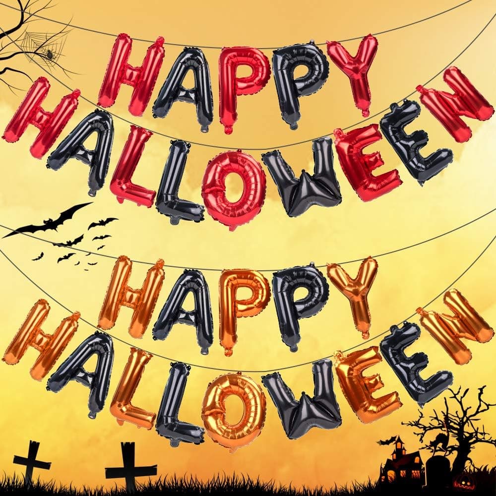 Happy Halloween Banner 2 Pack 16 Inch Aluminum Foil Banner Balloons for Halloween Decorations Halloween Party Decoration Supplies for Pub Home Kids Gift
