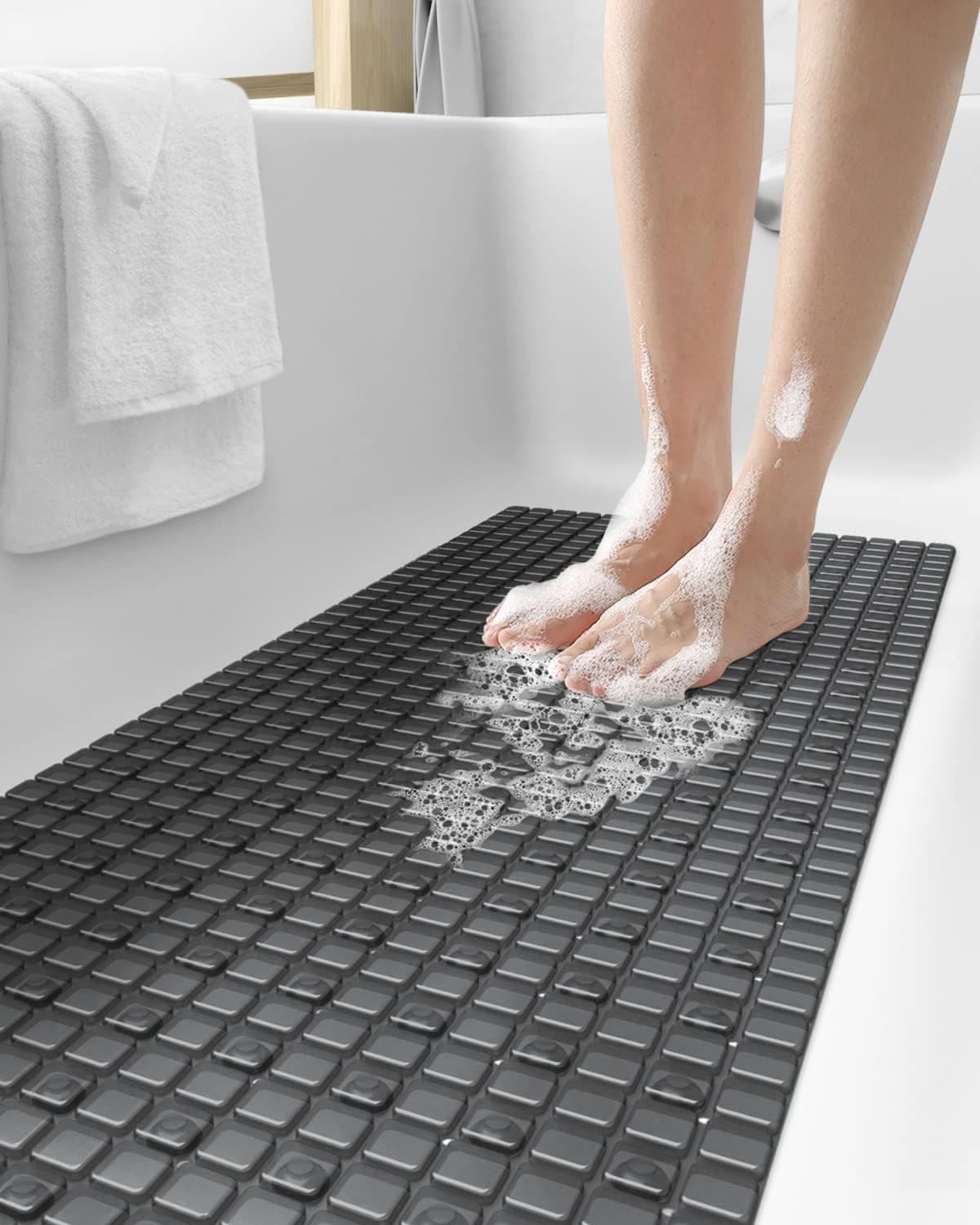 DEXI Bath Tub Shower Mat Non-Slip 16 x 39 Extra Long Bathtub Mats, Suction Cups, Drain Holes, Machine Washable Bathroom Mat, Clear Black