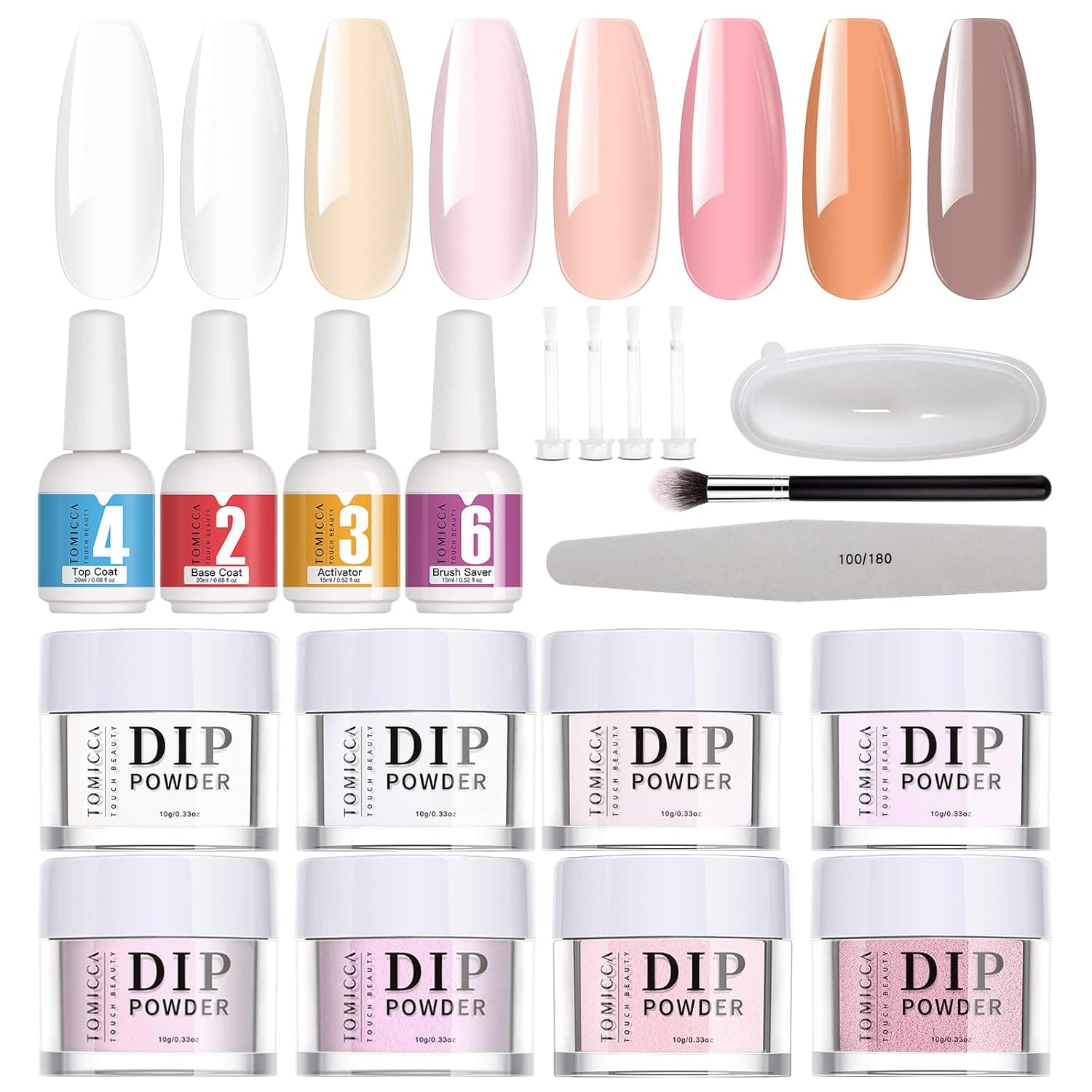TOMICCA Dip Powder Nail Starter Kit, 8 Clear Pink Colors Dipping Powder Set with Base Top Coat Activator for French Nail Art Salon，Essential Nail kit for beginner DIY Manicure