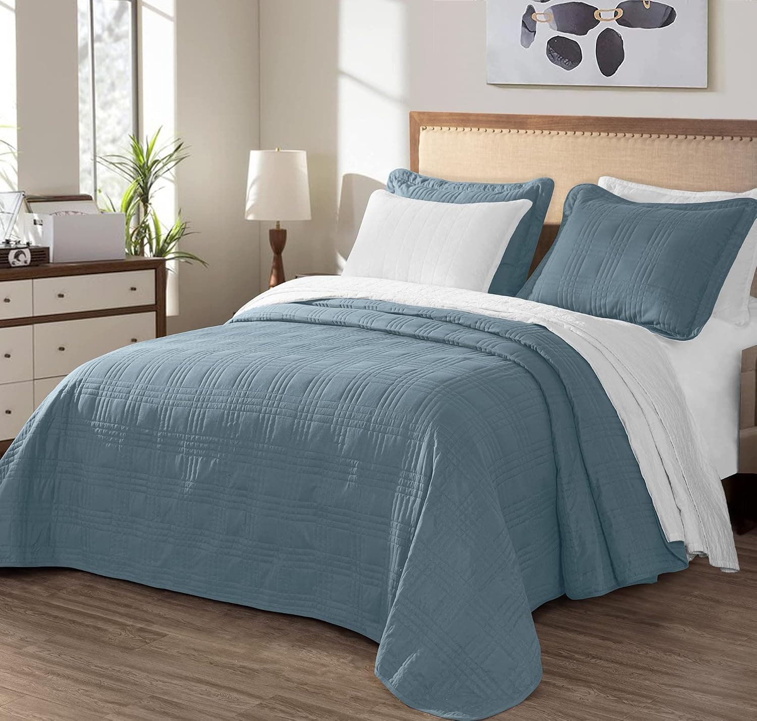 Chezmoi Collection Kingston 3-Piece Oversized Bedspread Coverlet Set (Queen, Blue)