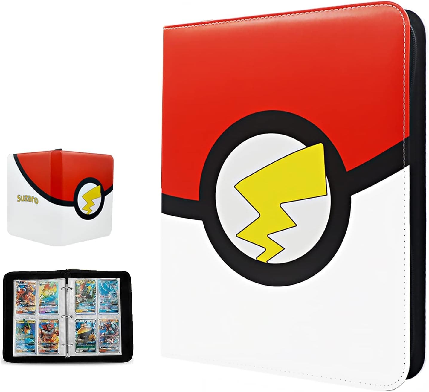 Suzaro card binder 4 pocket, trading Card Book Favorites Album with zippered carrying case, includes 50 sleeves, holds up to 400 collectible cards…, Red+white with 4 Pocket