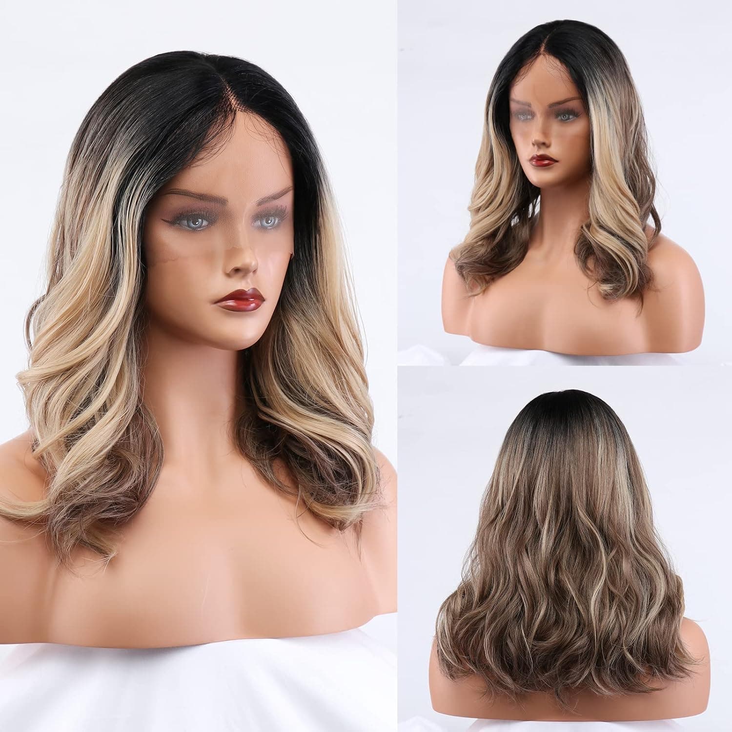 BESTUNG Ombre Blonde Lace Front Wig for Women,19 Inch Natural Wavy Daily Hair Synthetic Lace Wigs Middle Part with Dark Roots for Daily Party