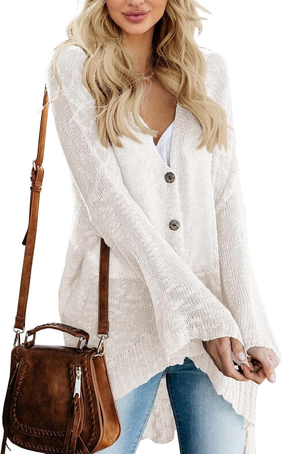 Lovaru Womens Boho Knit Cardigan Loose Lightweight V Neck Button Down Sweater Sheer Henley Tops