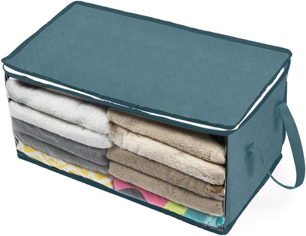 Large Storage Bags, 2 Pack Clothes Storage Bins Foldable Closet Organizers Storage Containers with Durable Handles, PP non-woven material, storage blanket, quilt, bedding non-woven storage box (Blue)