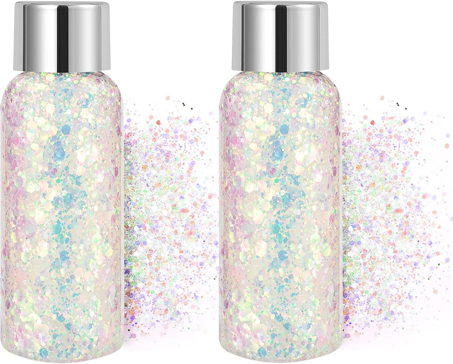 2Pcs Holographic Body Glitter Gel, Long Lasting Waterproof Chunky Liquid Glitter Gel Rave Festival Party Makeup for Body, Hair, Face, Nail, Eyeshadow, UP to 12 Hours, 1oz (Laser White 2Pcs)