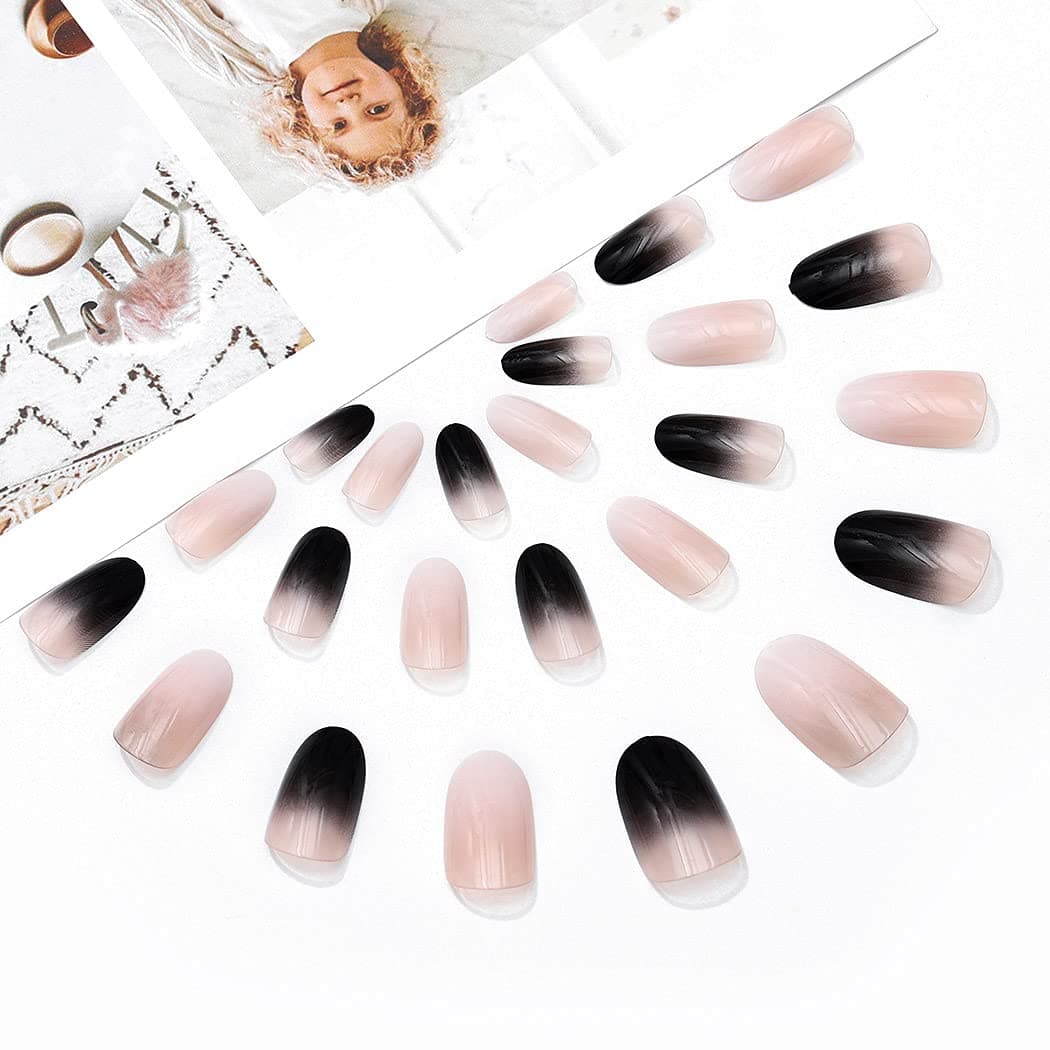 Blufly Glossy Ombre Gradient Black and White Press on Nails Medium Oval Fake Nails French Art Acrylic False Nails Tips Ballerina Nails for Women and Girls
