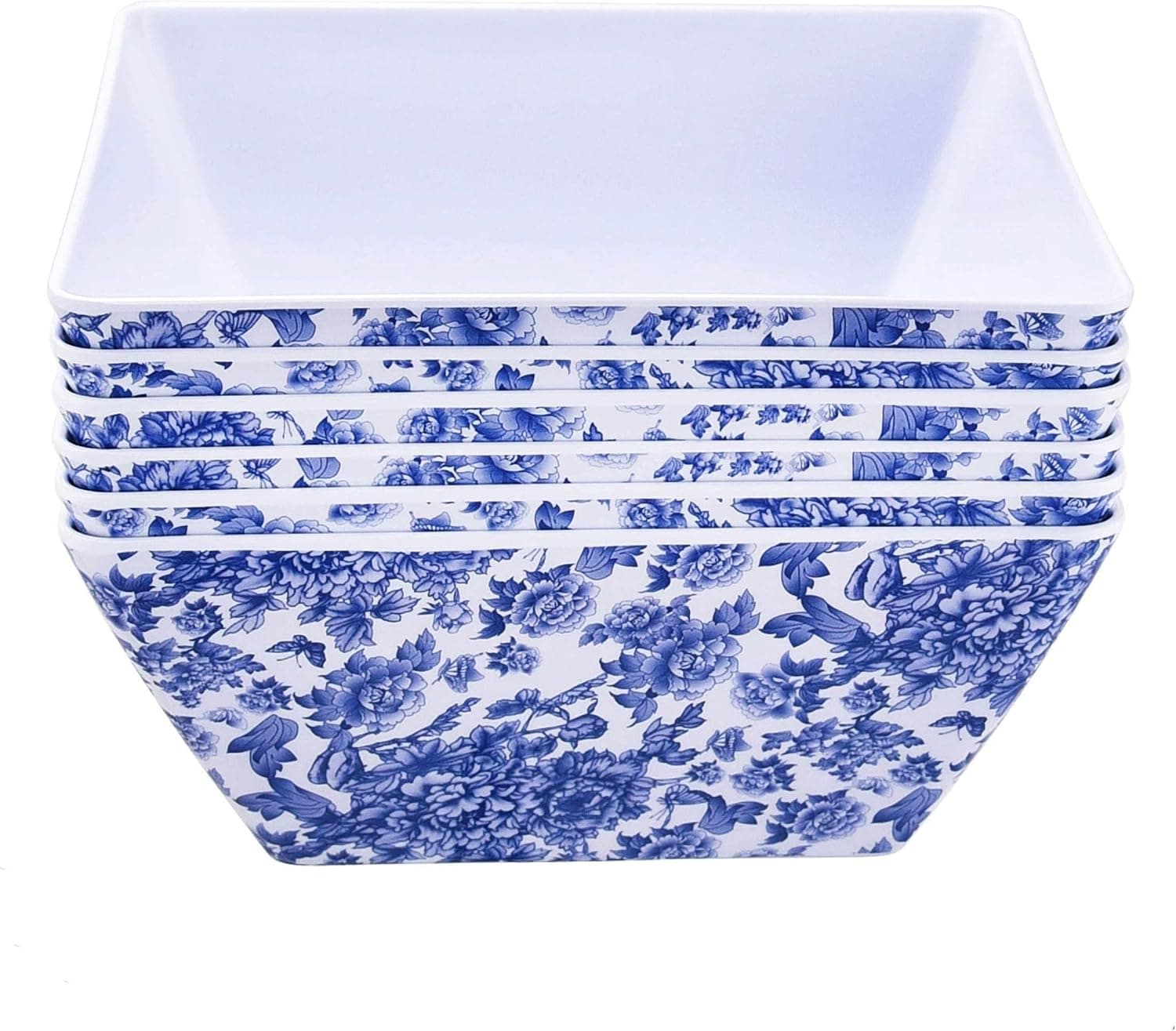 ARC, Melamine Mixing and Serving Bowls, 9" Square Bowls for 6, Blue and White unbreakable Bowl Set. Great for Chip, Cereal, Soup, Fruit, Pho & Menudo