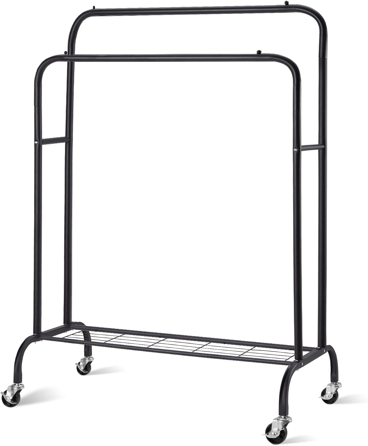 Homgava Clothing Hanger Rack with Wheels,Double Rod Garment Rack with Shelves,Heavy Duty Rolling Clothing Rod,Rolling Clothes Rack for Hanging Clothes,Metal Frame,Black