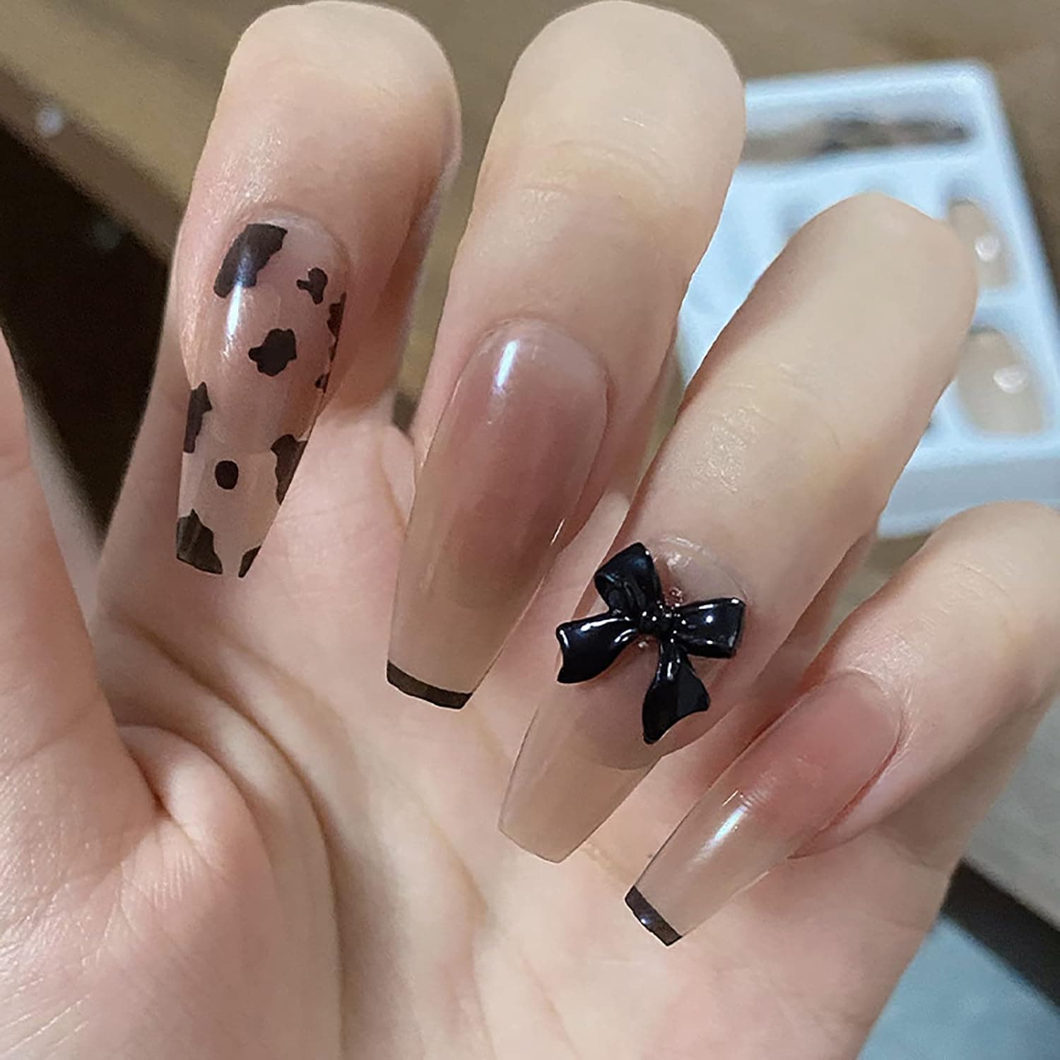 Ezpieces Fake Nails with Glue, Press on Nails Long Coffin Nails, 3D Bow Acrylic Nails Artificial French Tip for Women/Daily/Party, 24PCS/Set(Black Bow)
