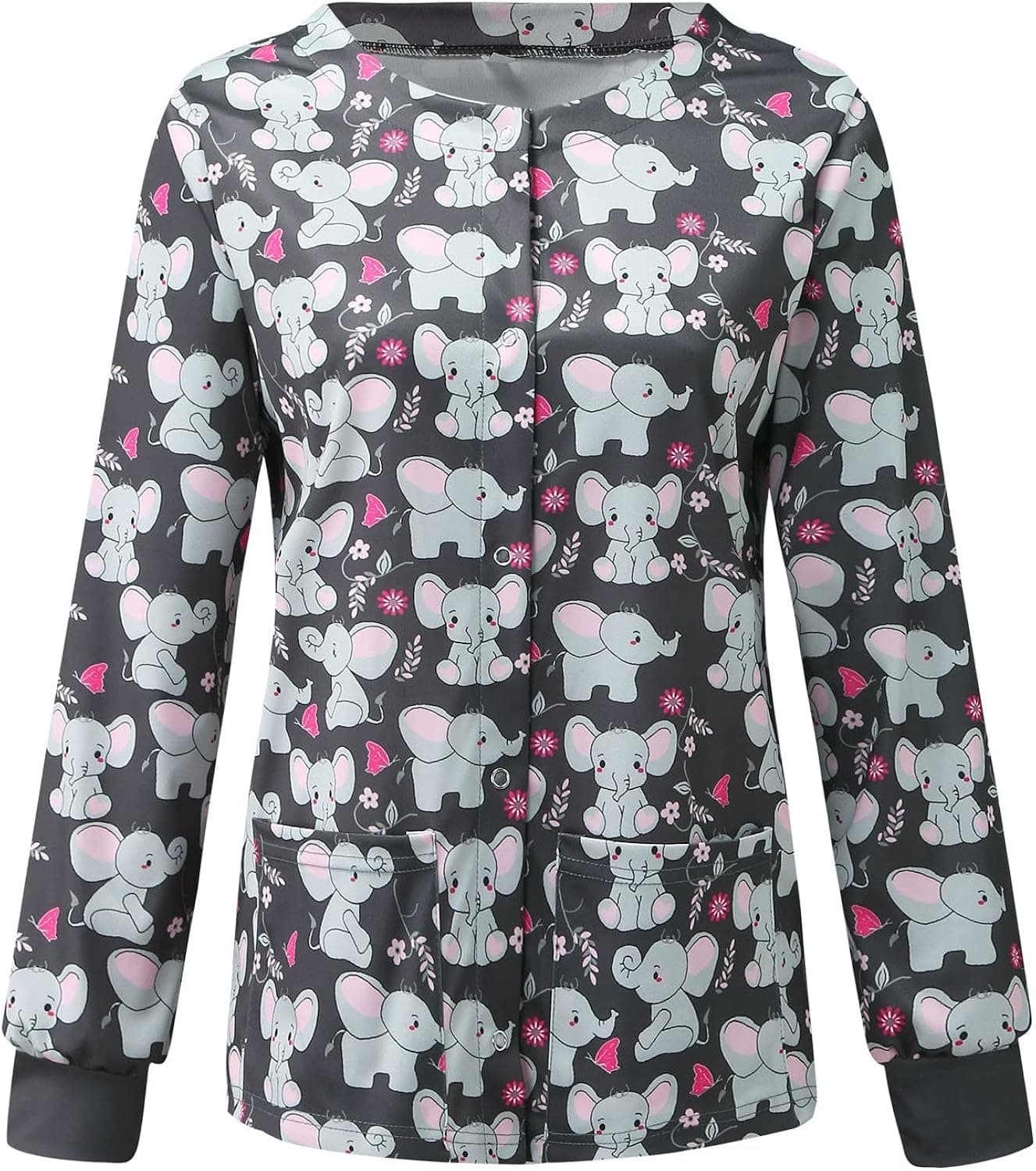 Scrub Jackets for Women Lovely Graphic Printed Nurse Doctor Working Uniforms Snap Front Long Sleeve Warm Up Scrub Tops Shirts