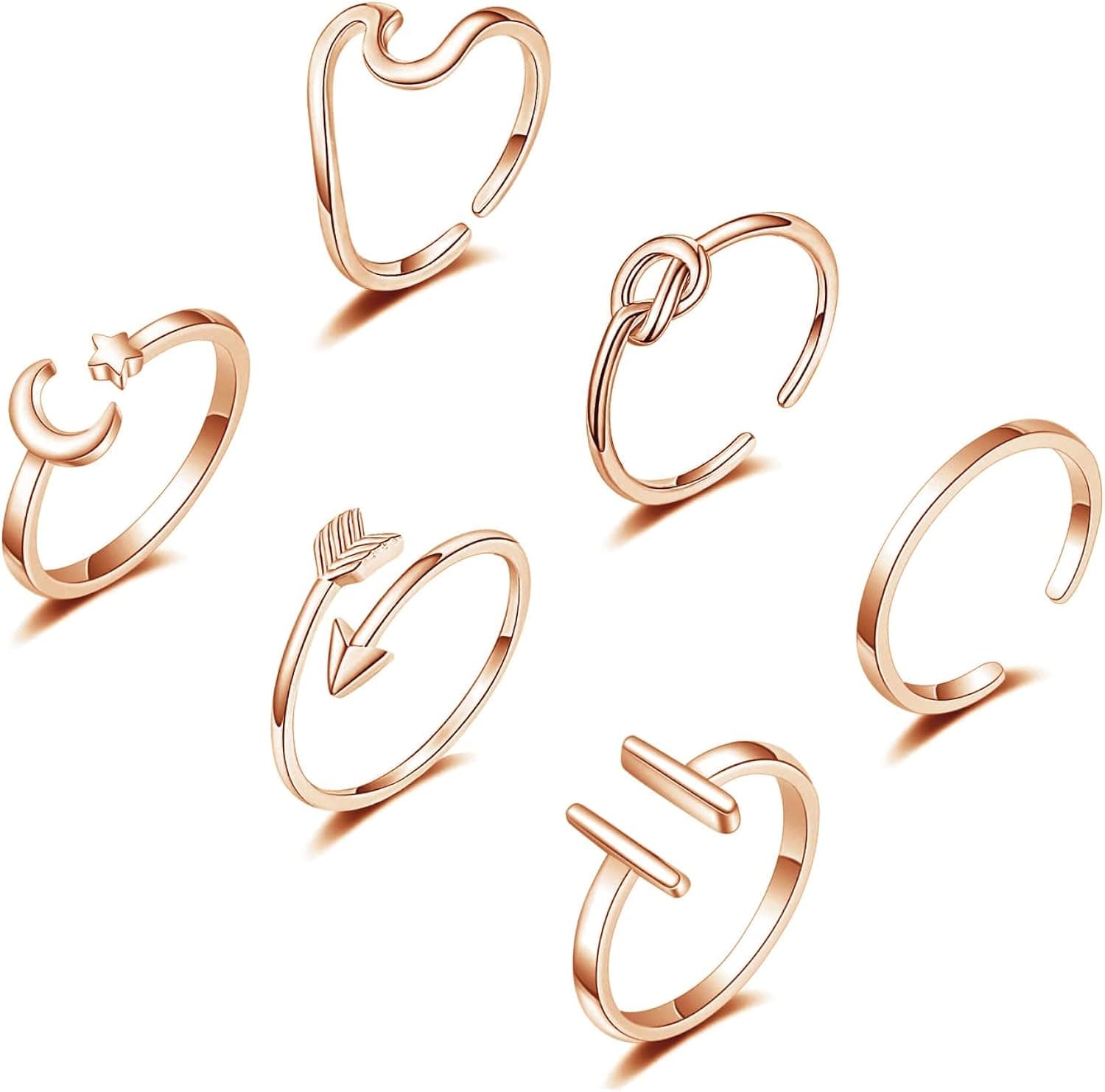 Honsny 6PCS Adjustable Rings for Women,14K Gold Silver Stackable Finger Rings Pack Arrow Knot Knuckle Rings Open Thin Band Thumb Ring Set for Women